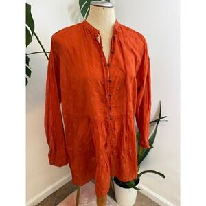 Anthropologie Pilcro Orange Diamond Embroidered Tunic Top Blouse Sleeve Size L‎